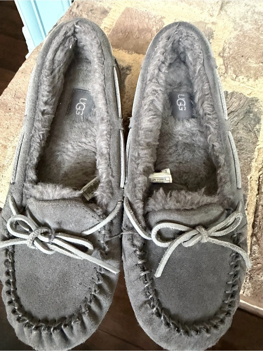 UGG womens Gray Suede Moccasin Slippers with Sheepskin Lining